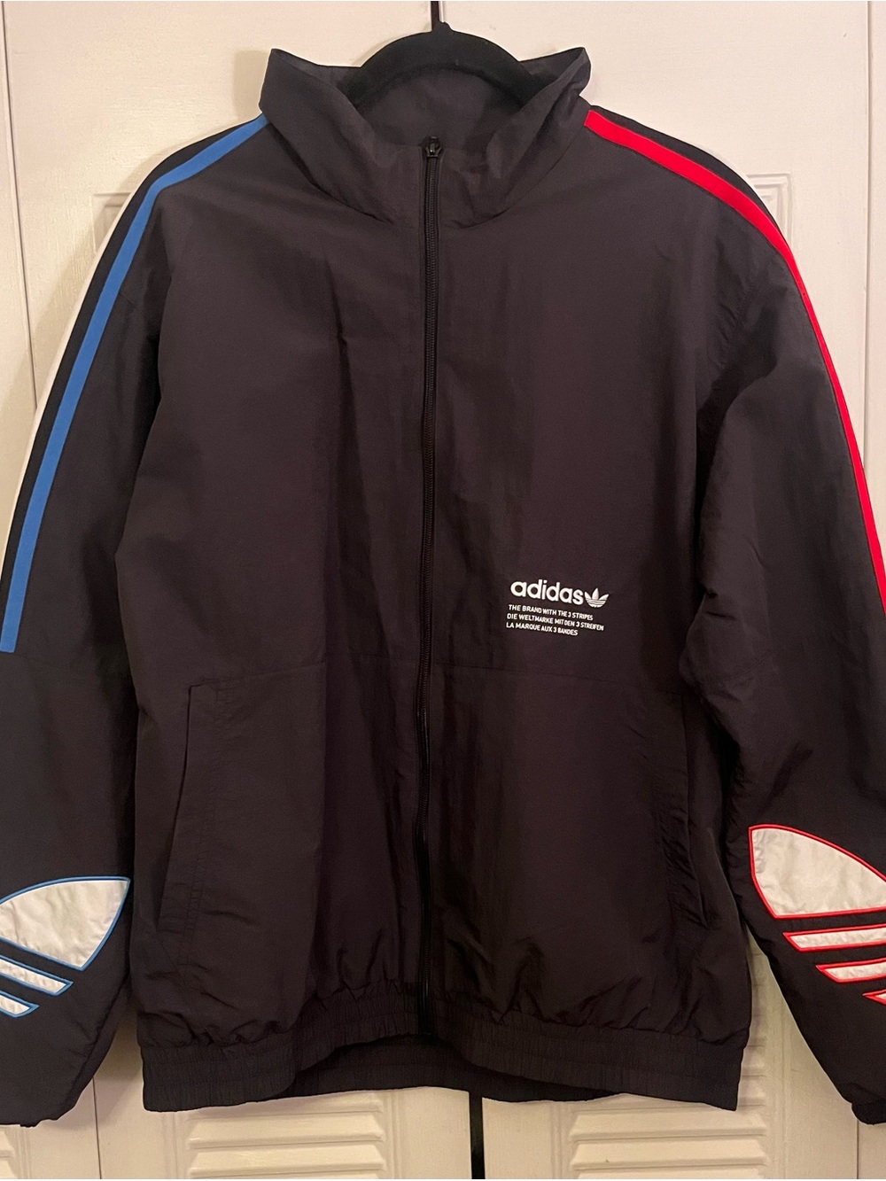 adidas Black Windbreaker full zip Jacket with Blue and Red Accents size medium